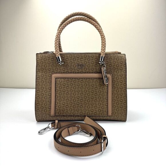 GUESS Beige Tan Logo Print Large Handbag Purse Satchel Crossbody Bag - Picture 1 of 16